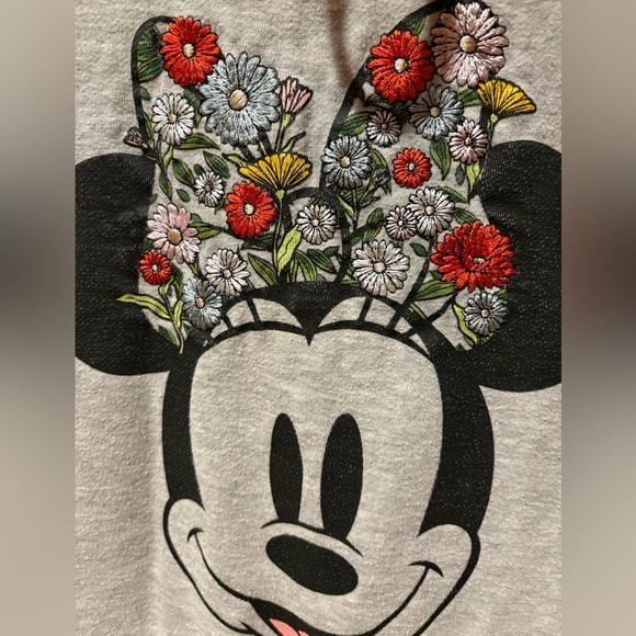 DISNEY Minnie Mouse Heather Gray Embroidered Flowers Bow Hoodie women’s size L - Picture 2 of 9